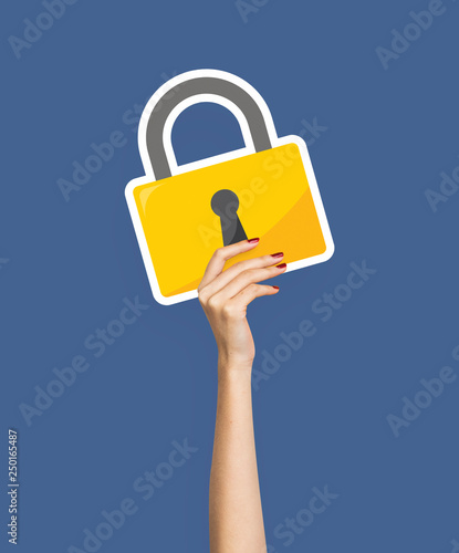 Hand holding a padlock clipart