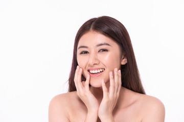 Fototapeta premium The concept of healthy beautiful woman. Beautiful women take care of skin health. Beautiful girl on white background.