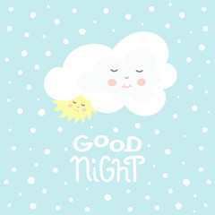 Cute cloud and sun with good night white handmade phrase on blue background