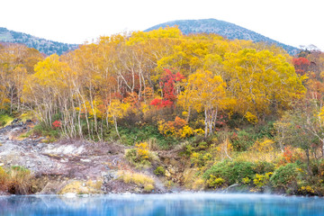 Jigokanuma pond view on isolated sky, the water from hot spring, soft blue forest onsen lake with water reflection of trees shadows and stream at Aomori Tohoku prefecture in autumn season,Japan 