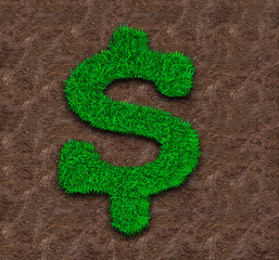 Green grass in dollar sign shape on dry red soil background, ECO and circular economy concept.