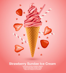 Strawberry Sundae Soft Serve : Vector Illustration