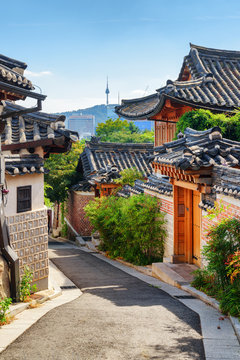 View of cozy old narrow street and traditional Korean houses