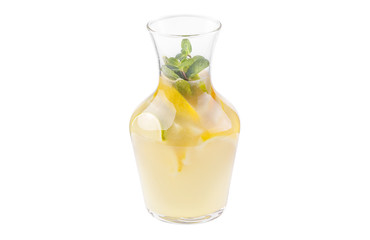 Cocktail in a glass decanter with a classic lemon and lime and sweet syrup. Soft drink isolated on white background.