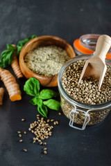 hemp seeds on the black background