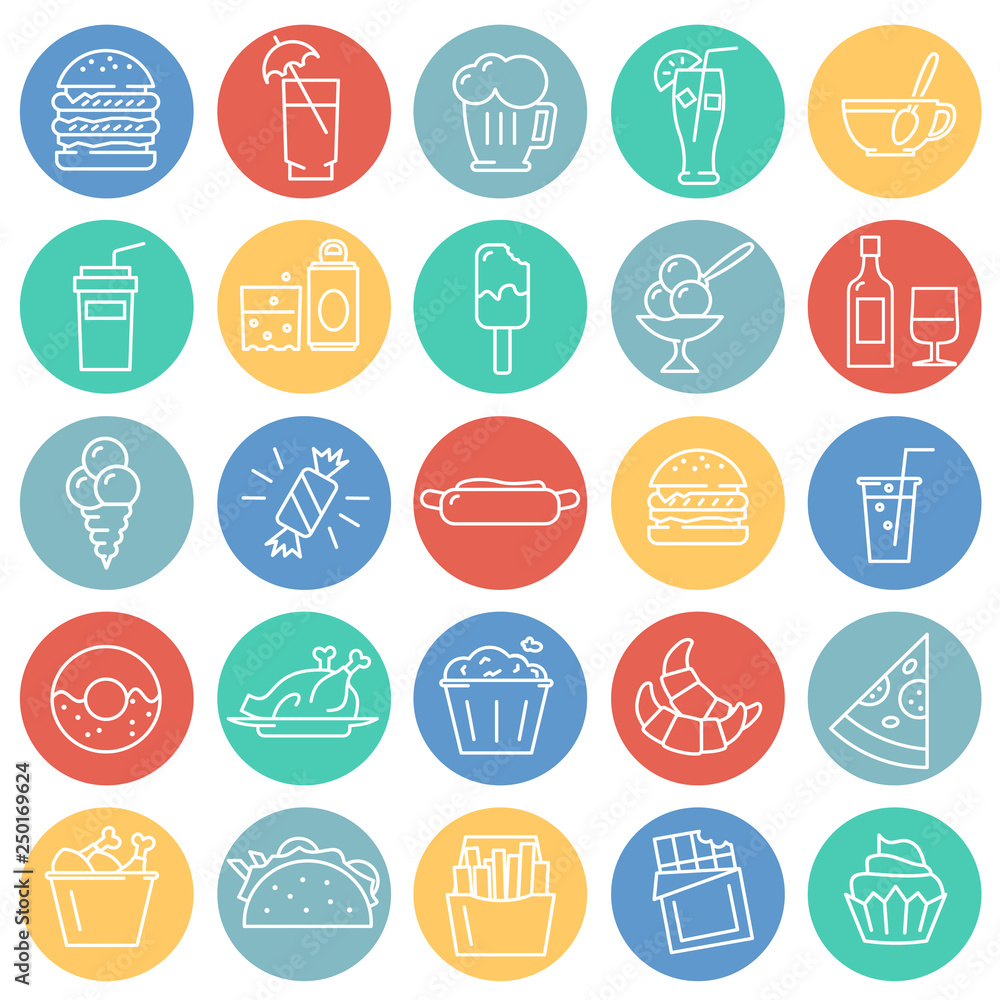 Poster fastfood outline icons set on color circles background for graphic and web design, modern simple vec