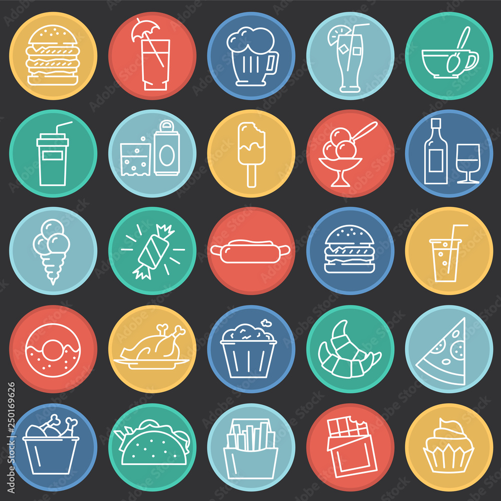 Poster fastfood outline icons set on color circles background for graphic and web design, modern simple vec