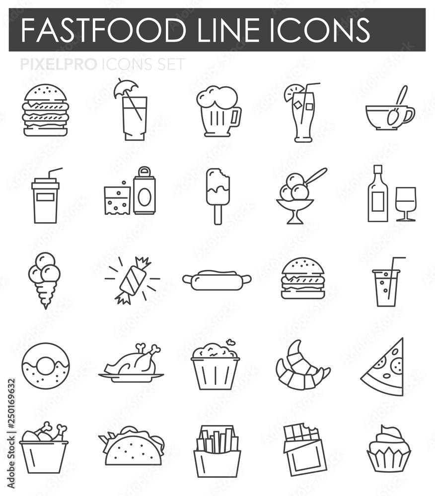 Poster fastfood outline icons set on white background for graphic and web design, modern simple vector sign