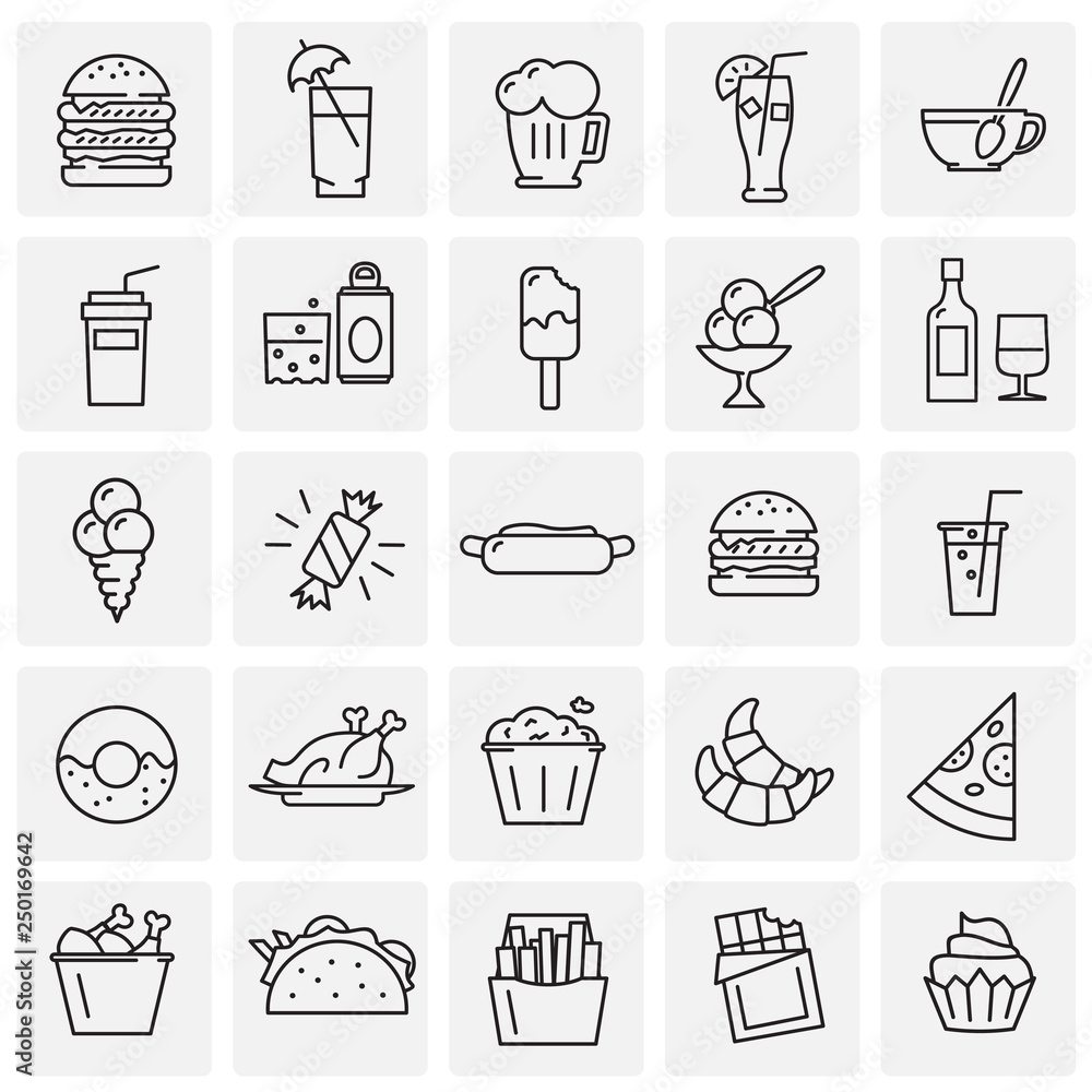 Poster fastfood outline icons set on squares background for graphic and web design, modern simple vector si