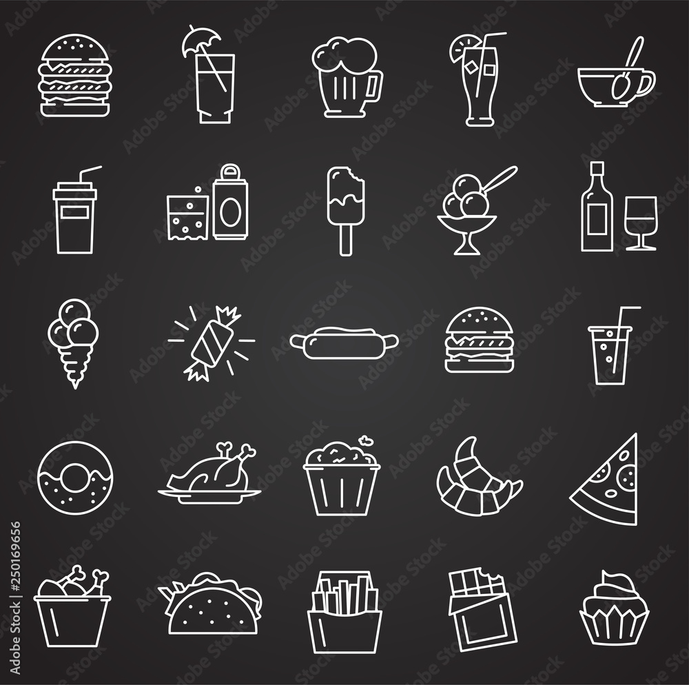 Poster fastfood outline icons set on black background for graphic and web design, modern simple vector sign