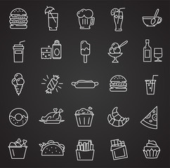 Fastfood outline icons set on black background for graphic and web design, Modern simple vector sign. Internet concept. Trendy symbol for website design web button or mobile app