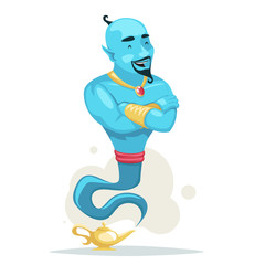 Naklejka premium Arabian magic fairytale arms crossed genie lamp smoke cartoon character wish vector illustration