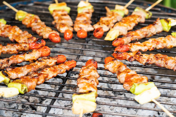 Grilled vegetable and meat skewers