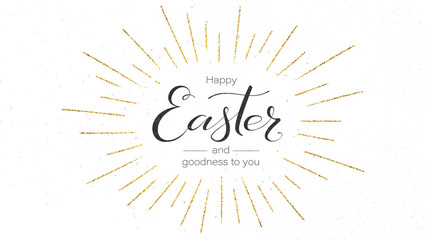 Fototapeta na wymiar Happy Easter festive greeting card. Design of calligraphy lettering. Vintage handwritten text with golden glittering rays. Retro label for religious holiday. Vector illustration isolated on white