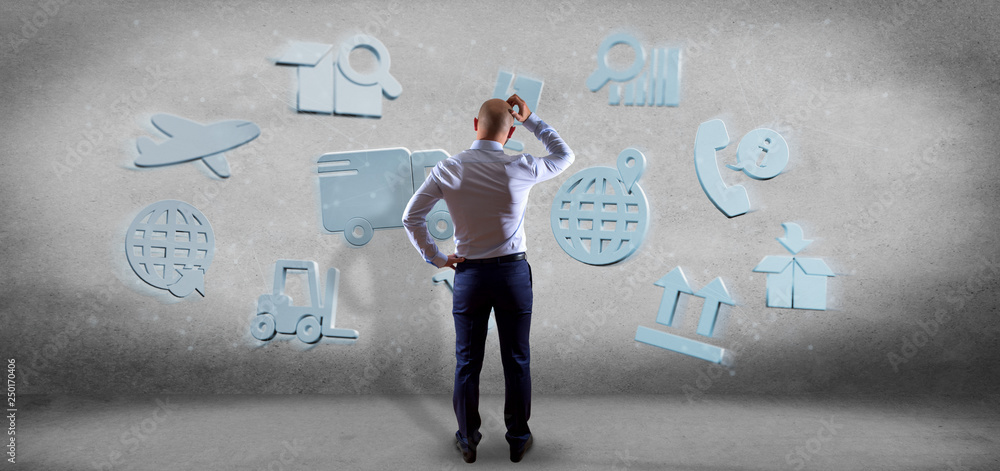 Poster businessman in front of a logistic organisation with icon and connection 3d rendering