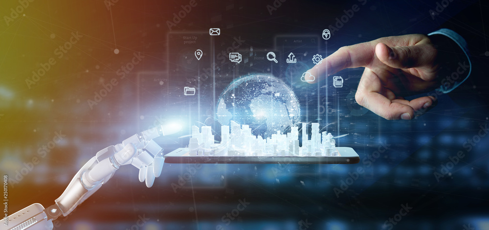 Poster cyborg hand holding smart city user interface with icon, stats and data 3d rendering