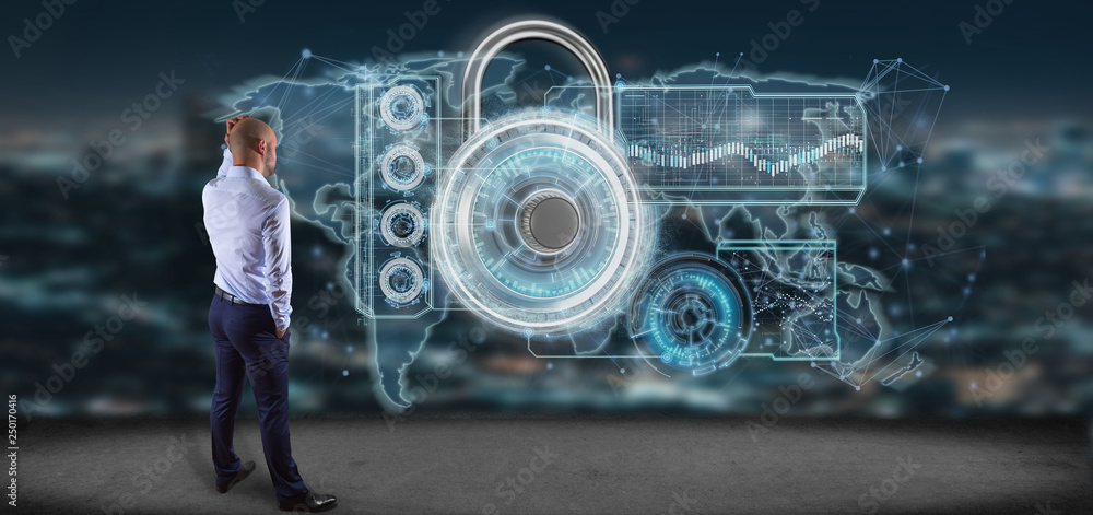Poster man holding a shield web security concept 3d rendering