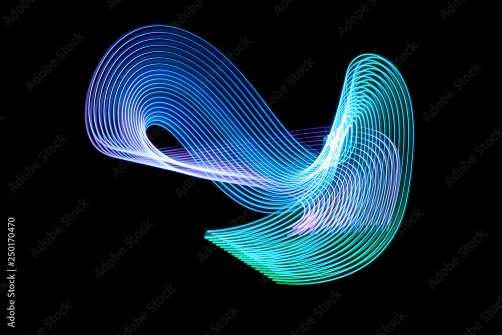 Poster abstract rainbow neon glowing crossing lines pattern. dark  background of colorful neon glowing ligh