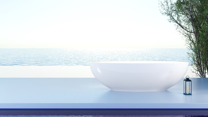 Shower room summer relaxing sea view at luxury house swimming pool,beach and panoramic sea view 3d rendering sun loungers on Sunbathing interior Illustration