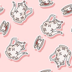 Vintage tea set sticker doodle colorful seamless pattern