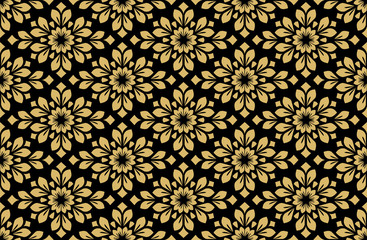 Flower geometric pattern. Seamless vector background. Gold and black ornament. Ornament for fabric, wallpaper, packaging. Decorative print