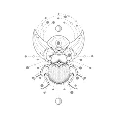 Vector illustration with hand drawn scarab and Sacred symbol on white background. Abstract mystic sign. Black linear shape. For you design, tattoo or magic craft.