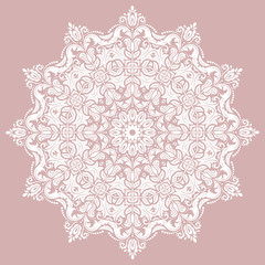 Oriental vector round pattern with white arabesques and floral elements. Traditional classic ornament. Vintage pattern with arabesques