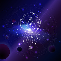 Vector illustration of Sacred or mystic symbol against the space background with planets and stars. Abstract geometric sign drawn in lines. Multicolored. 