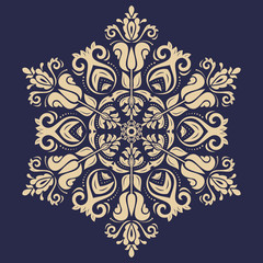 Oriental vector round golden pattern with arabesques and floral elements. Traditional classic blue and golden ornament. Vintage pattern with arabesques