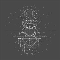 Vector illustration with hand drawn Scarab and Sacred geometric symbol on black background. Abstract mystic sign. White linear shape. For you design, tattoo or magic craft.