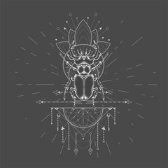 Vector illustration with hand drawn Stag Beetle and Sacred symbol on black background. Abstract mystic sign. White linear shape. For you design, tattoo or magic craft.