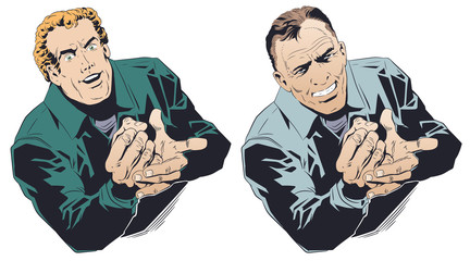 Happy businessman bangs his fist on his palm. Stock illustration.