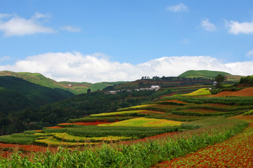 Fototapeta na wymiar Beautiful country on red dirt with mountains at Kunming in Yunnan, China