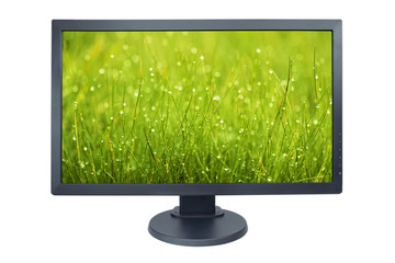 Computer monitor isolated on white with screensaver running
