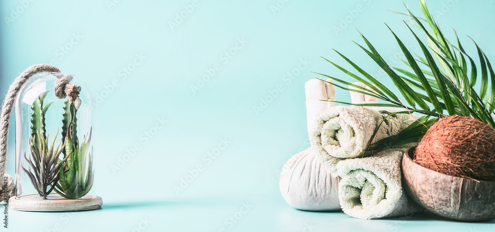 Wall mural Spa setting background. Massage treatment. Rolled towels, compress balls with coconut, palm leaves and various succulent plants in glass at light blue background. Beauty, wellness and body care. Frame