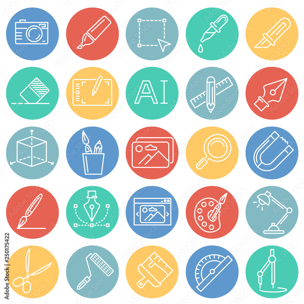 Poster graphic design line icons set on color circles white background for graphic and web design, modern s