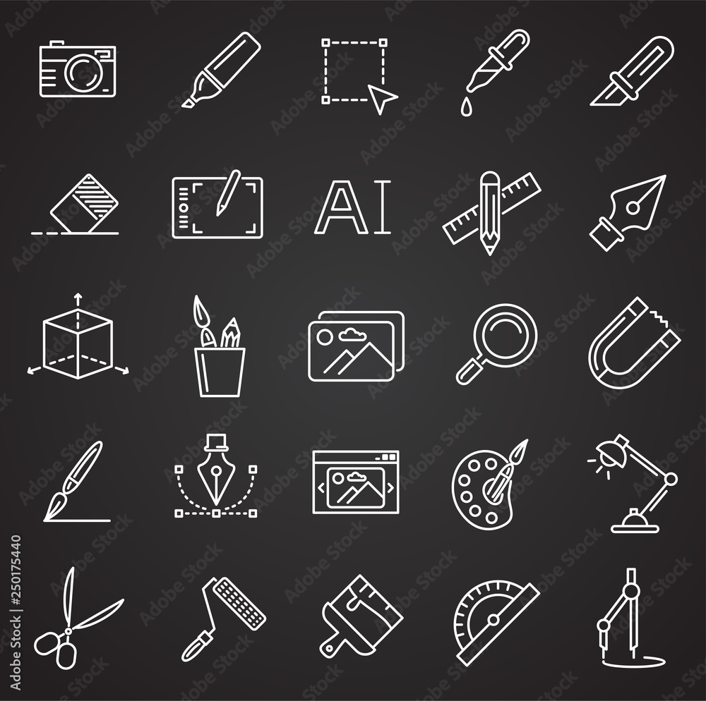 Poster graphic design line icons set on black background for graphic and web design, modern simple vector s