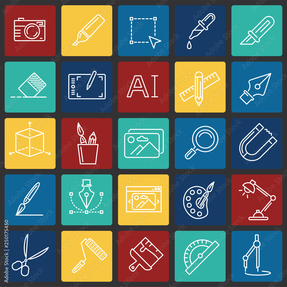 Poster graphic design line icons set on color squares background for graphic and web design, modern simple 