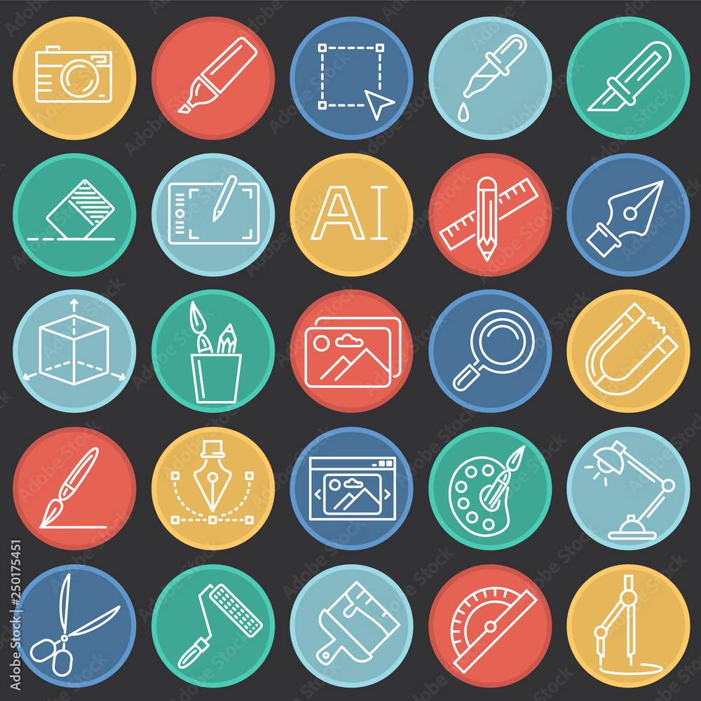 Poster graphic design line icons set on color circles black background for graphic and web design, modern s