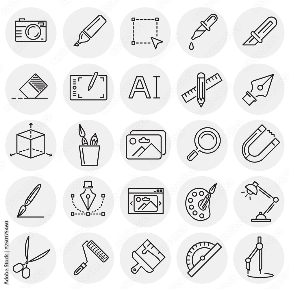 Poster graphic design line icons set on circles background for graphic and web design, modern simple vector