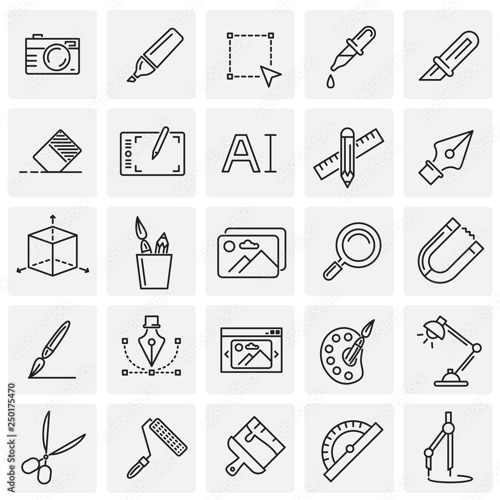Poster graphic design line icons set on squares background for graphic and web design, modern simple vector