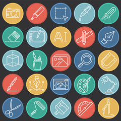 Graphic design line icons set on color circles black background for graphic and web design, Modern simple vector sign. Internet concept. Trendy symbol for website design web button or mobile app