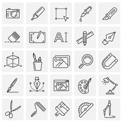Graphic design line icons set on squares background for graphic and web design, Modern simple vector sign. Internet concept. Trendy symbol for website design web button or mobile app