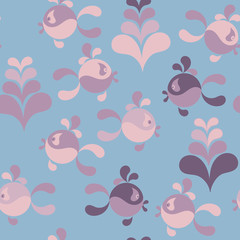 Funny fish and water plants. Seamless pattern background . Vector