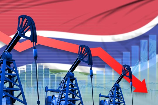 lowering, falling graph on Gambia flag background - industrial illustration of Gambia oil industry or market concept. 3D Illustration