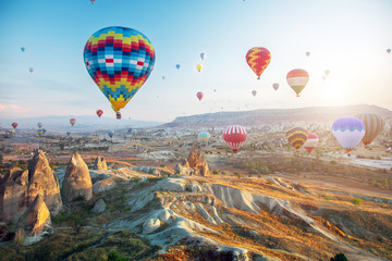 Hot air balloon flying over Cappadocia, Turkey
