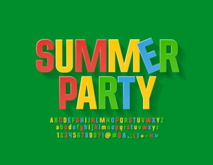 Vector colorful poster Summer Party with Flat Font. Modern bright Alphabet Letters, Numbers and Symbols