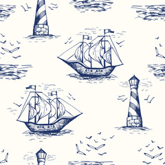 Vintage Hand-Drawn Nautical Toile De Jouy Vector Seamless Pattern with Lighthouse, Seagulls, Seaside Scenery and Ships