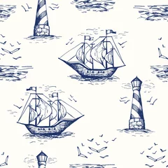 Deurstickers Zee Vintage handgetekende nautische Toile De Jouy Vector naadloze patroon met vuurtoren, meeuwen, kustlandschap en schepen