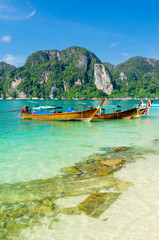 Longtail boat in the harbor,  Phi-Phi Don island, Thailand